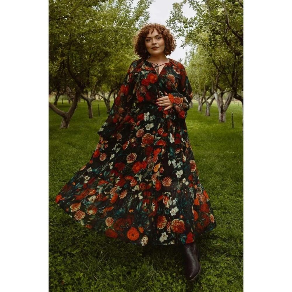 Ivy City Co Imogen Dress Moody Floral Long Sleeve Tiered Maxi Size X Small